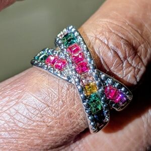 Elegant rainbow gemstones ring sz 8